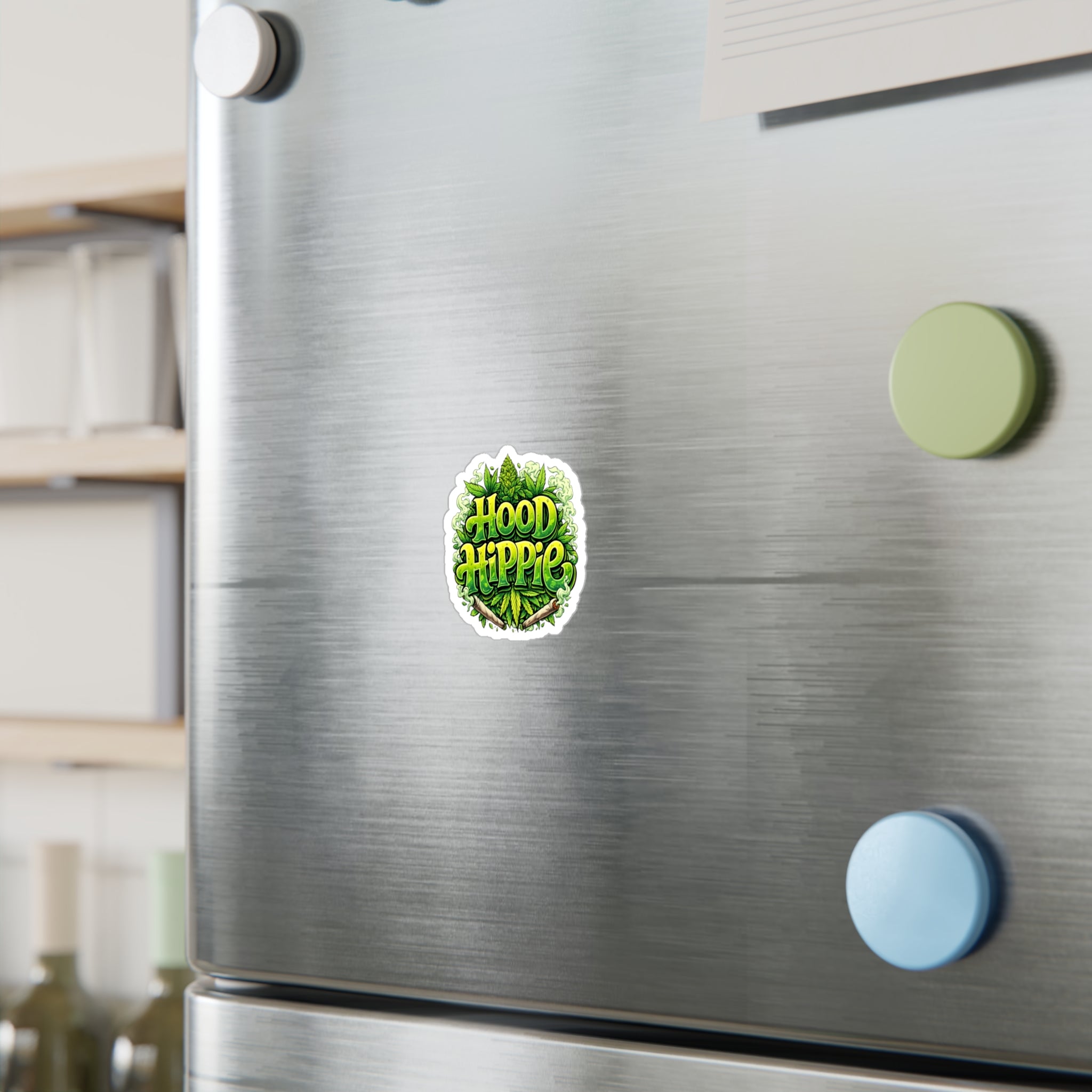 Hood Hippie Kiss-Cut Vinyl Sticker — Green Cannabis Leaf Decal
