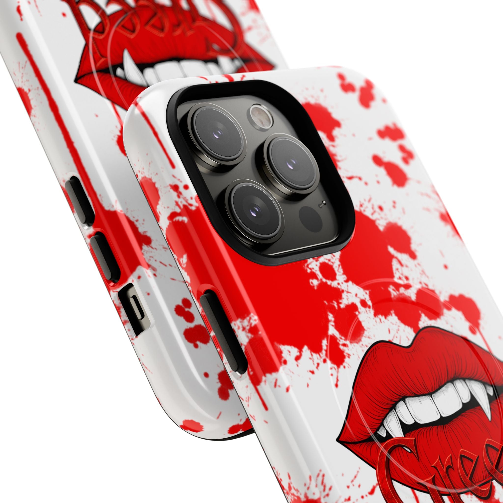 Phone Case — Bold Red Lip Graphic with 'Greed' Text, Blood-Splatter Protective Magnetic Case