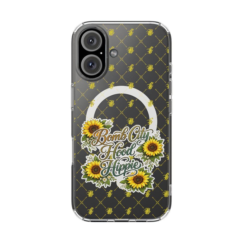 Clear Magnetic Phone Case — Sunflower “Bomb City Hood Hippie” Design
