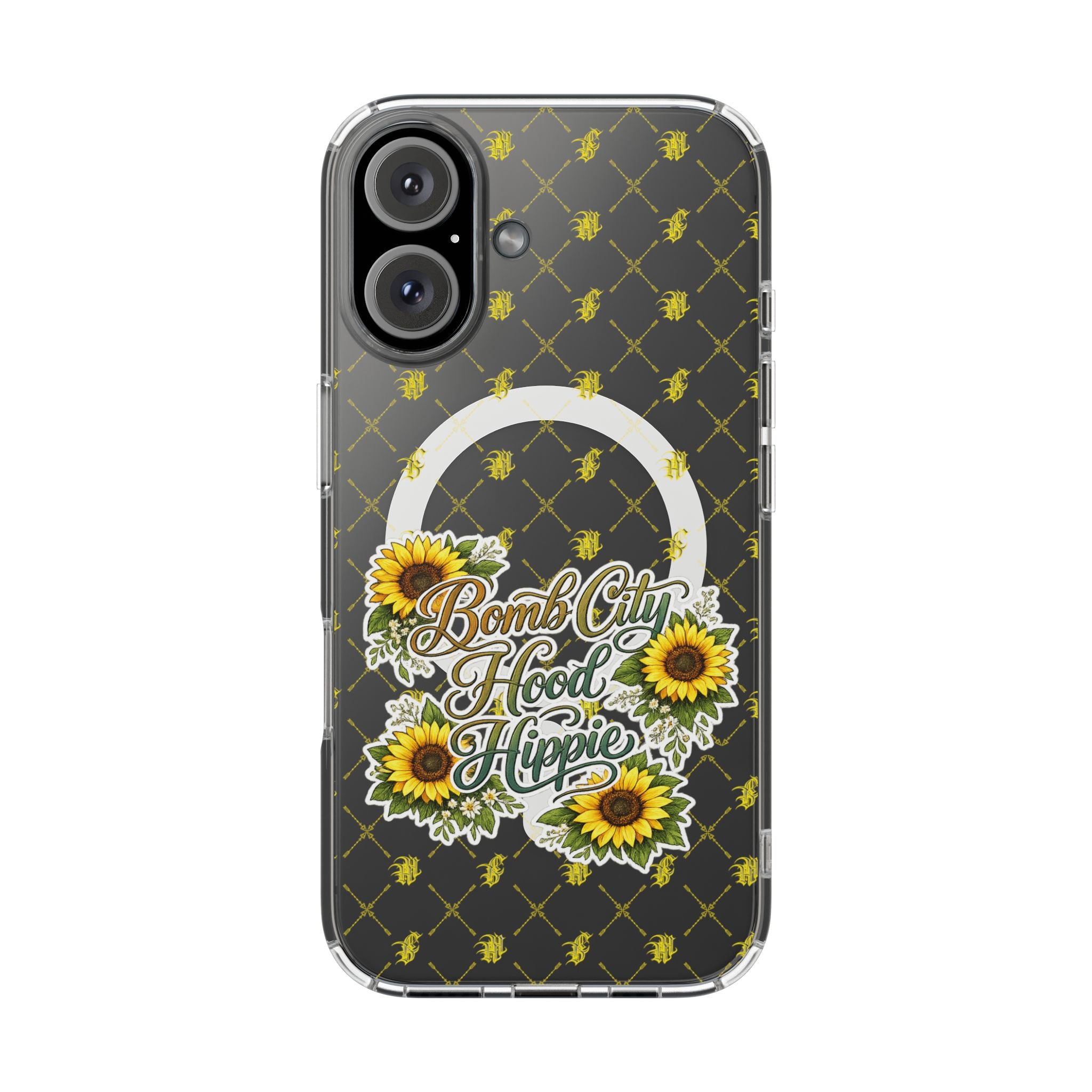 Clear Magnetic Phone Case — Sunflower “Bomb City Hood Hippie” Design