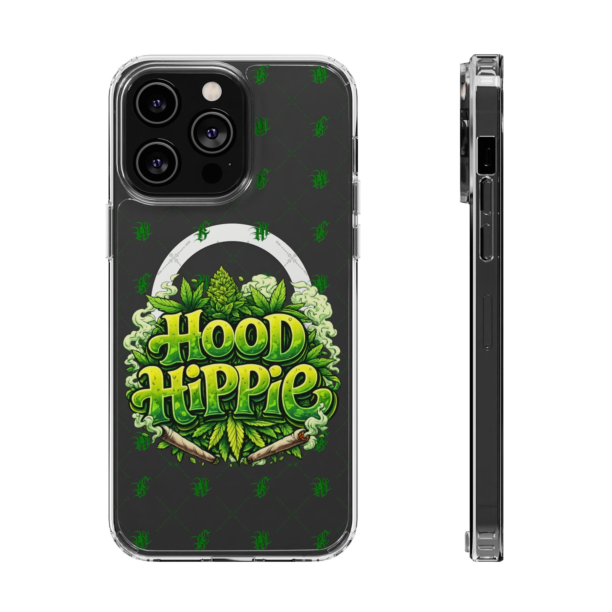 Clear Magnetic Phone Case — 'Hood Hippie' Green Cannabis Graphic