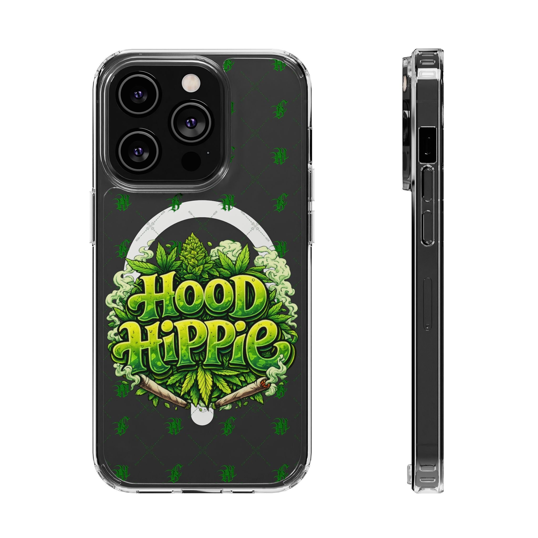 Clear Magnetic Phone Case — 'Hood Hippie' Green Cannabis Graphic