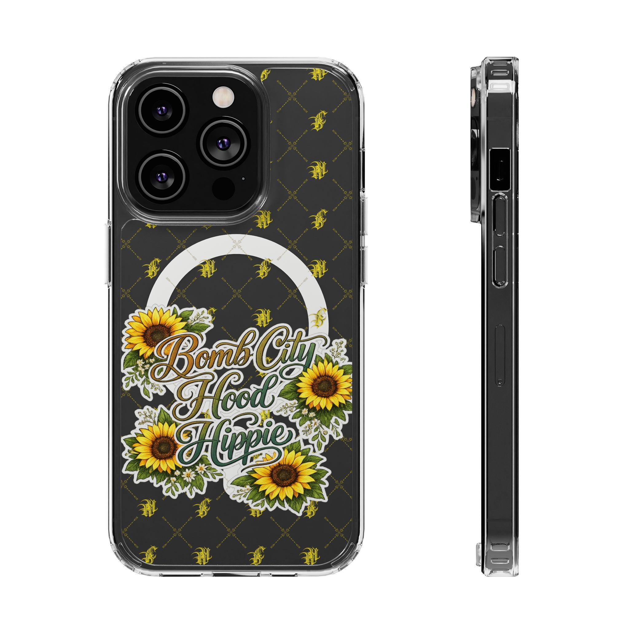 Clear Magnetic Phone Case — Sunflower “Bomb City Hood Hippie” Design