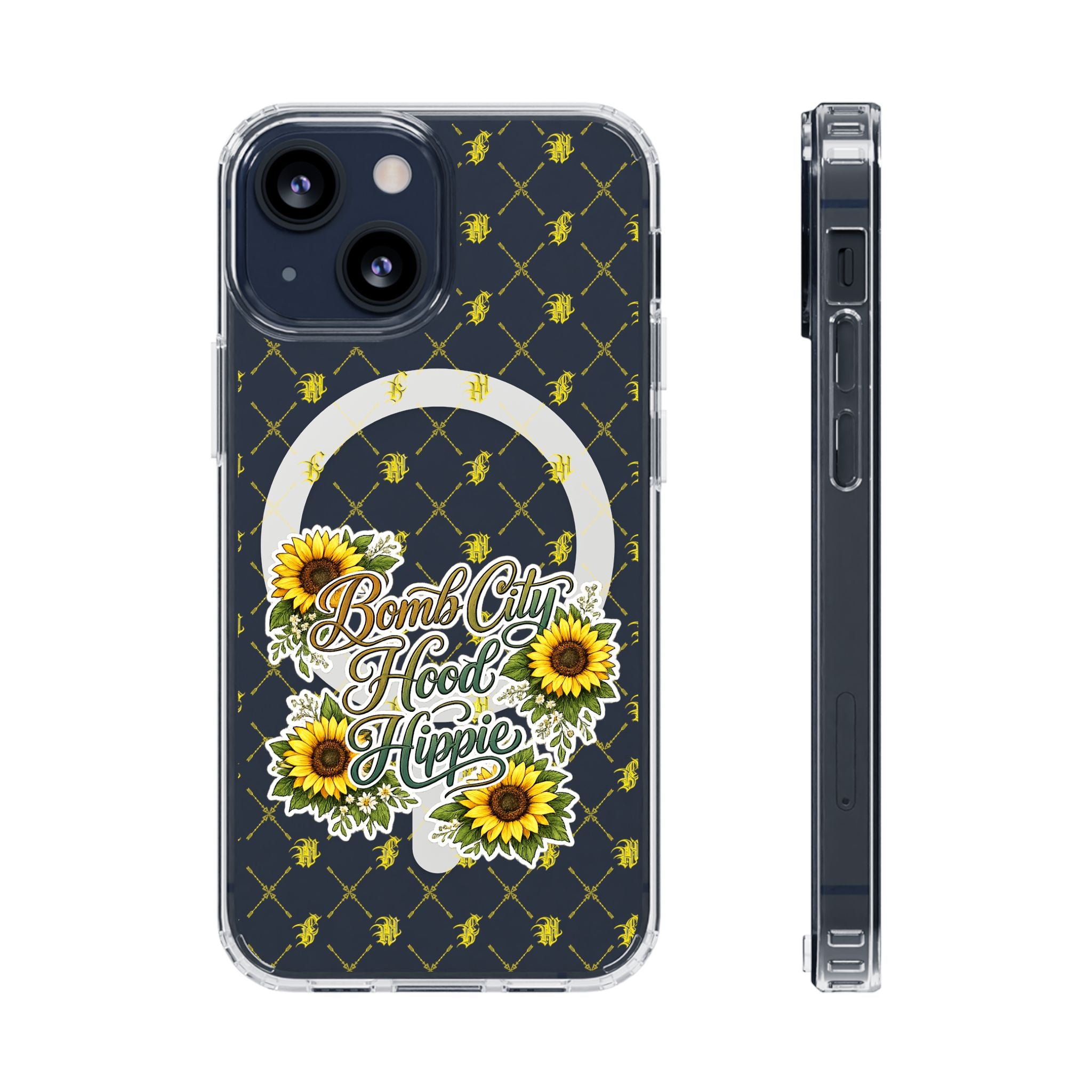 Clear Magnetic Phone Case — Sunflower “Bomb City Hood Hippie” Design