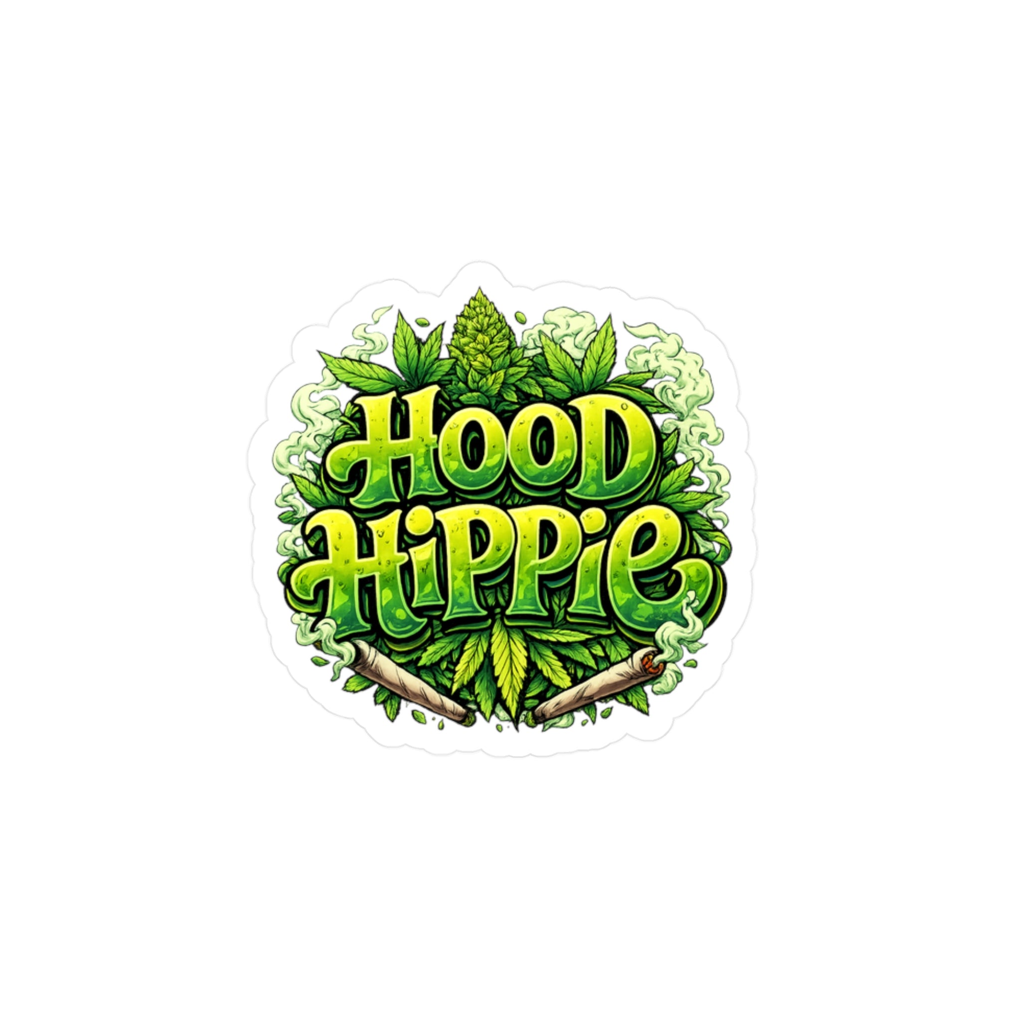 Hood Hippie Kiss-Cut Vinyl Sticker — Green Cannabis Leaf Decal