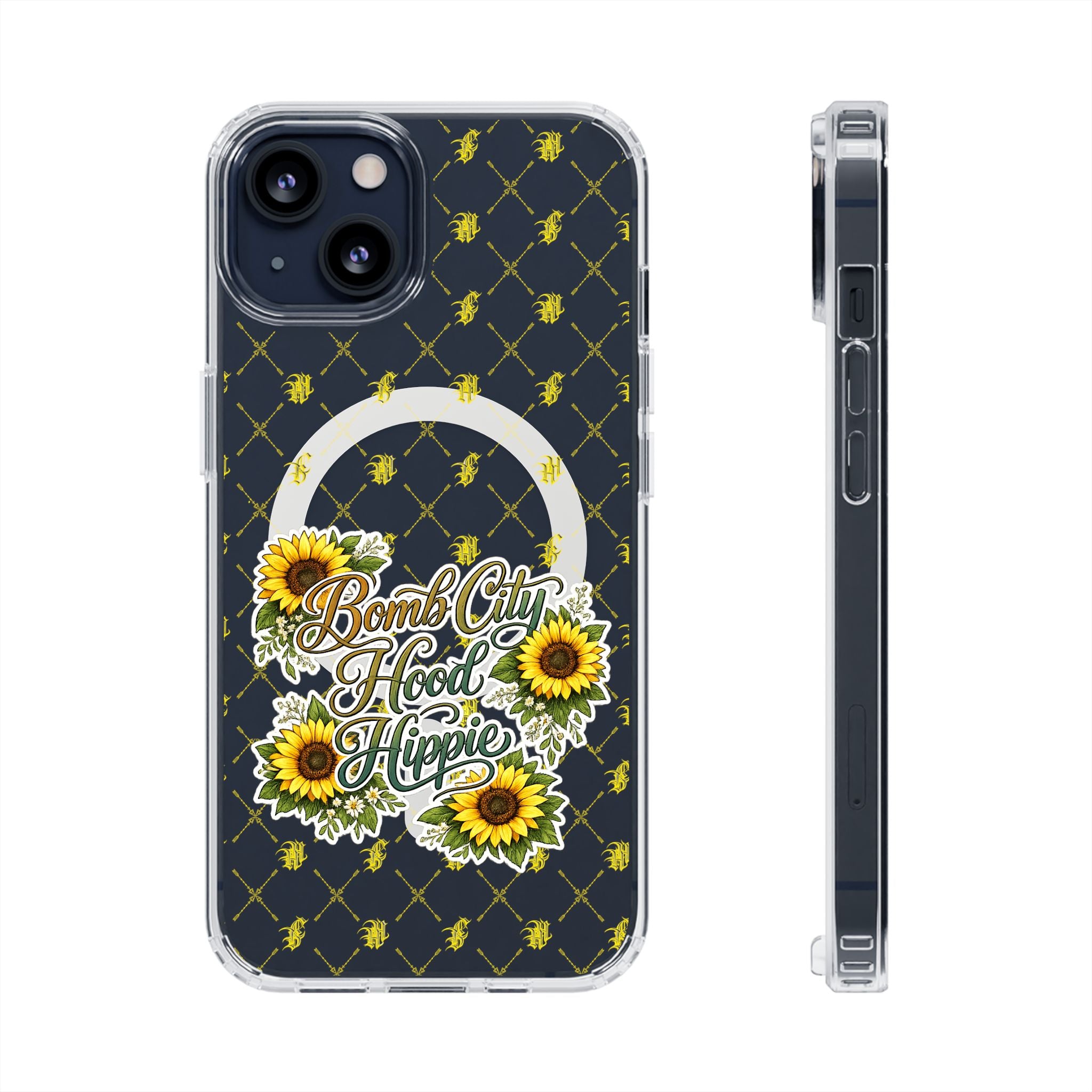 Clear Magnetic Phone Case — Sunflower “Bomb City Hood Hippie” Design