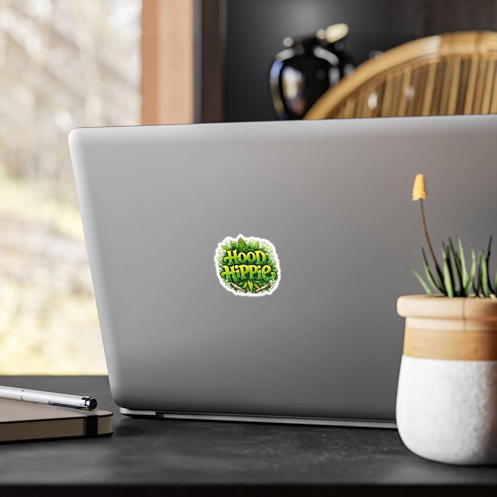 Hood Hippie Kiss-Cut Vinyl Sticker — Green Cannabis Leaf Decal