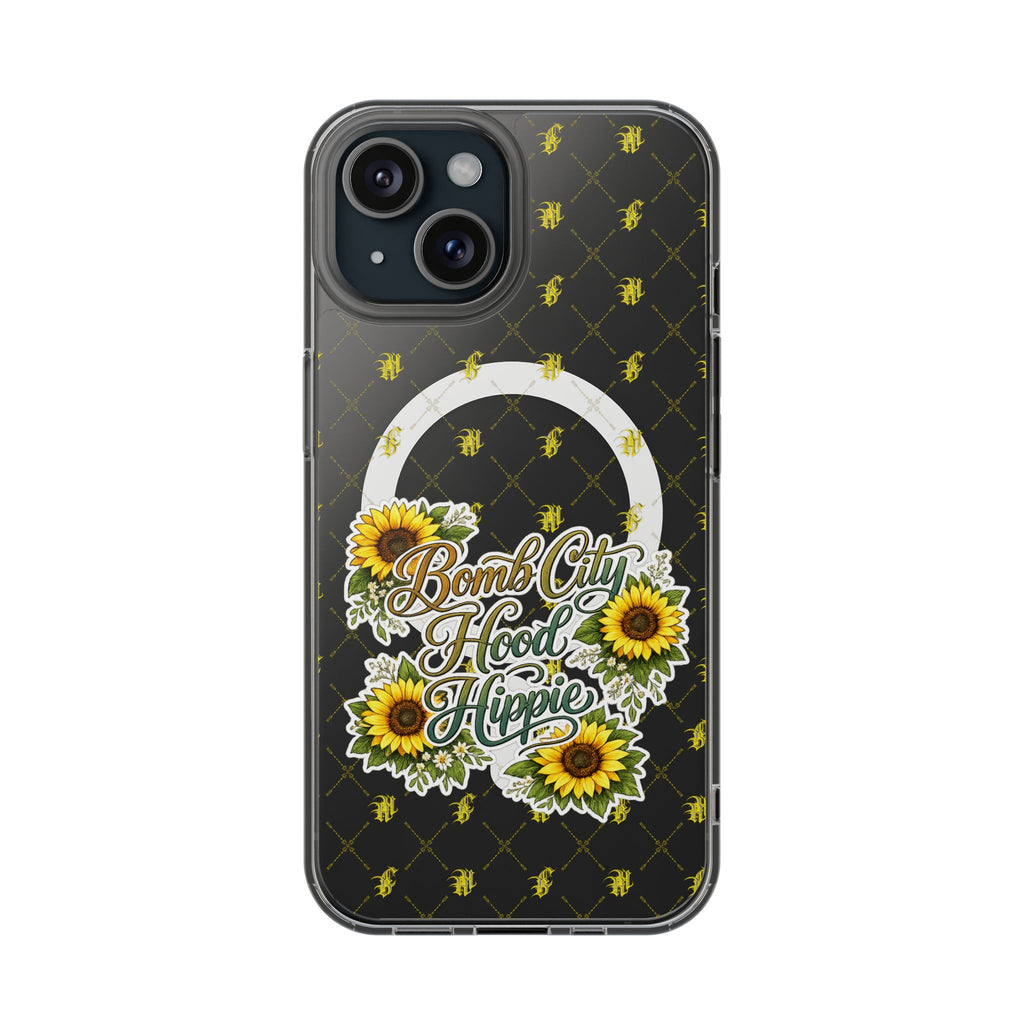 Clear Magnetic Phone Case — Sunflower “Bomb City Hood Hippie” Design