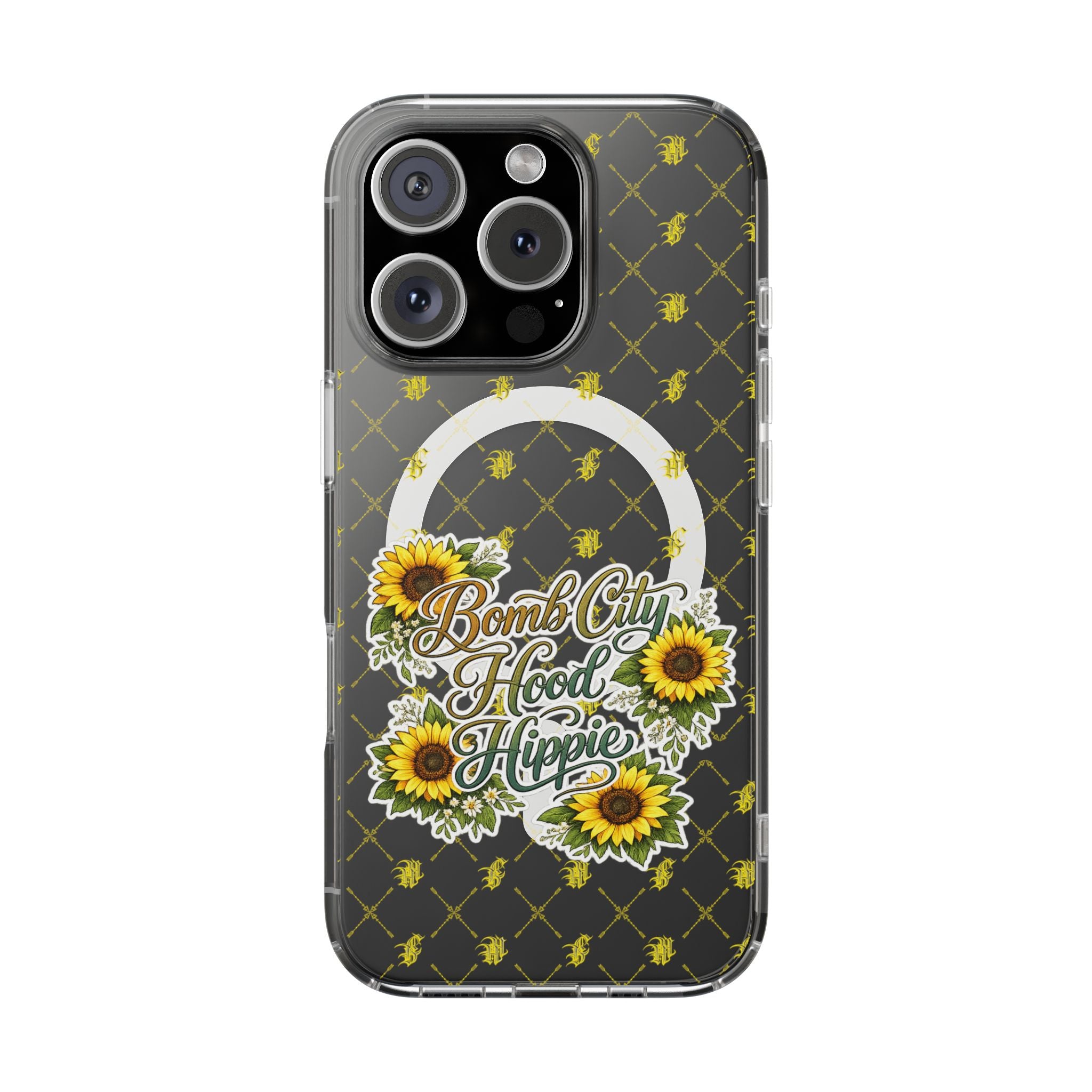 Clear Magnetic Phone Case — Sunflower “Bomb City Hood Hippie” Design
