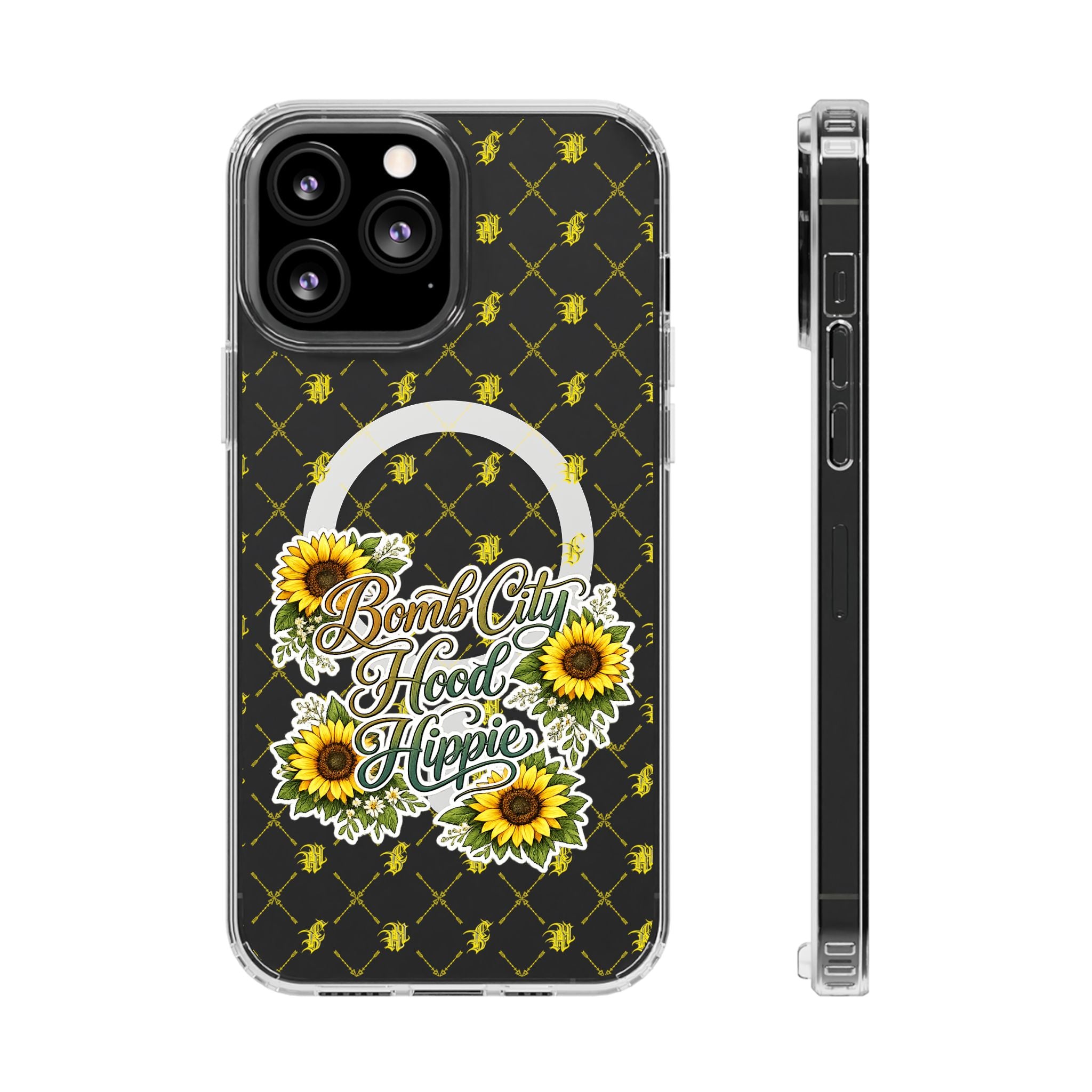 Clear Magnetic Phone Case — Sunflower “Bomb City Hood Hippie” Design