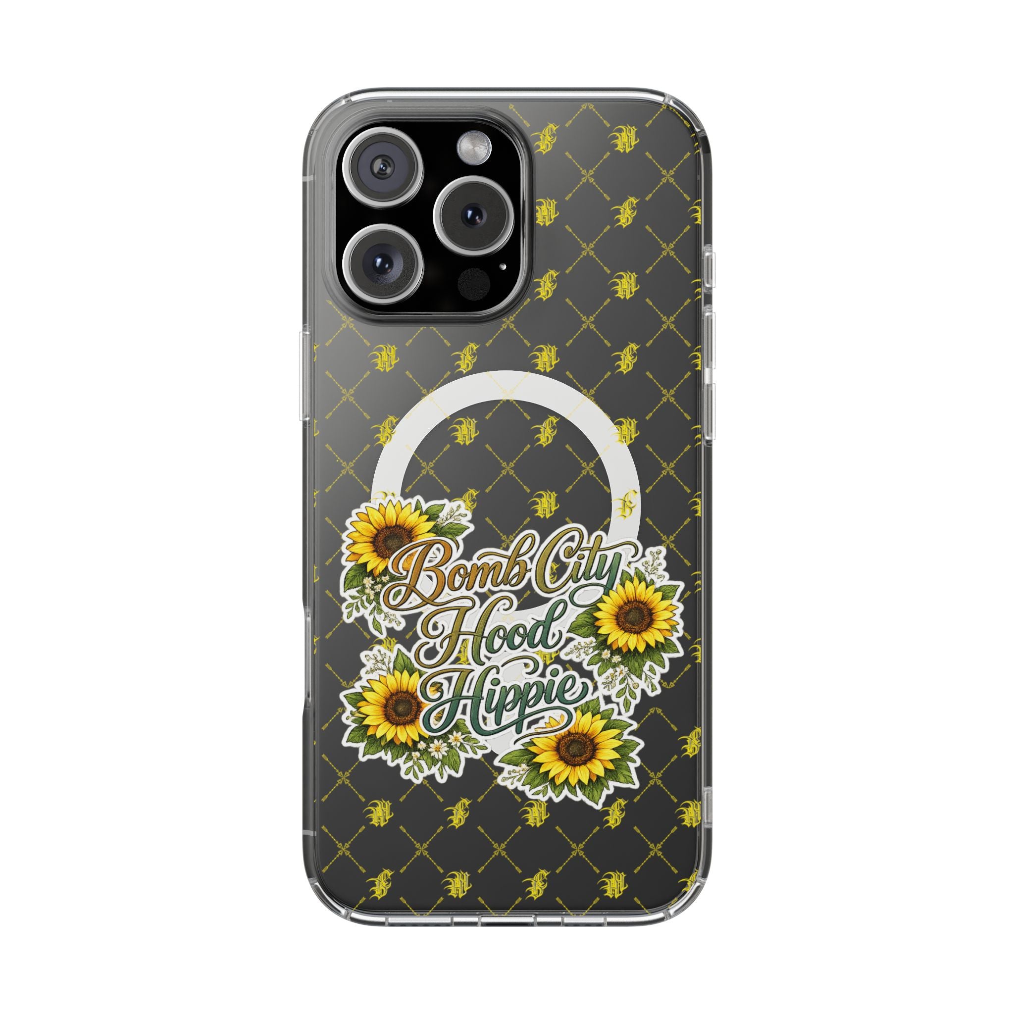 Clear Magnetic Phone Case — Sunflower “Bomb City Hood Hippie” Design
