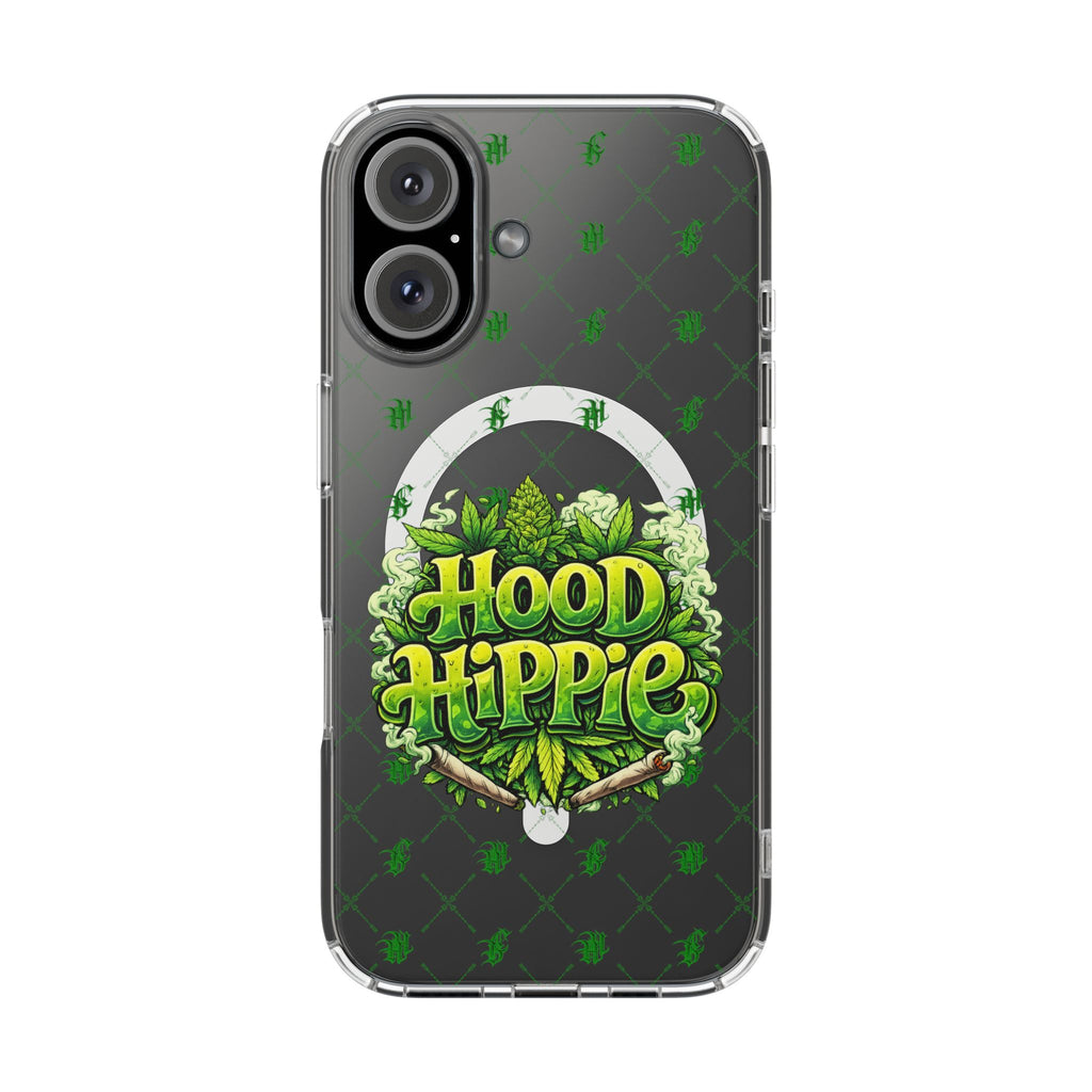 Clear Magnetic Phone Case — 'Hood Hippie' Green Cannabis Graphic