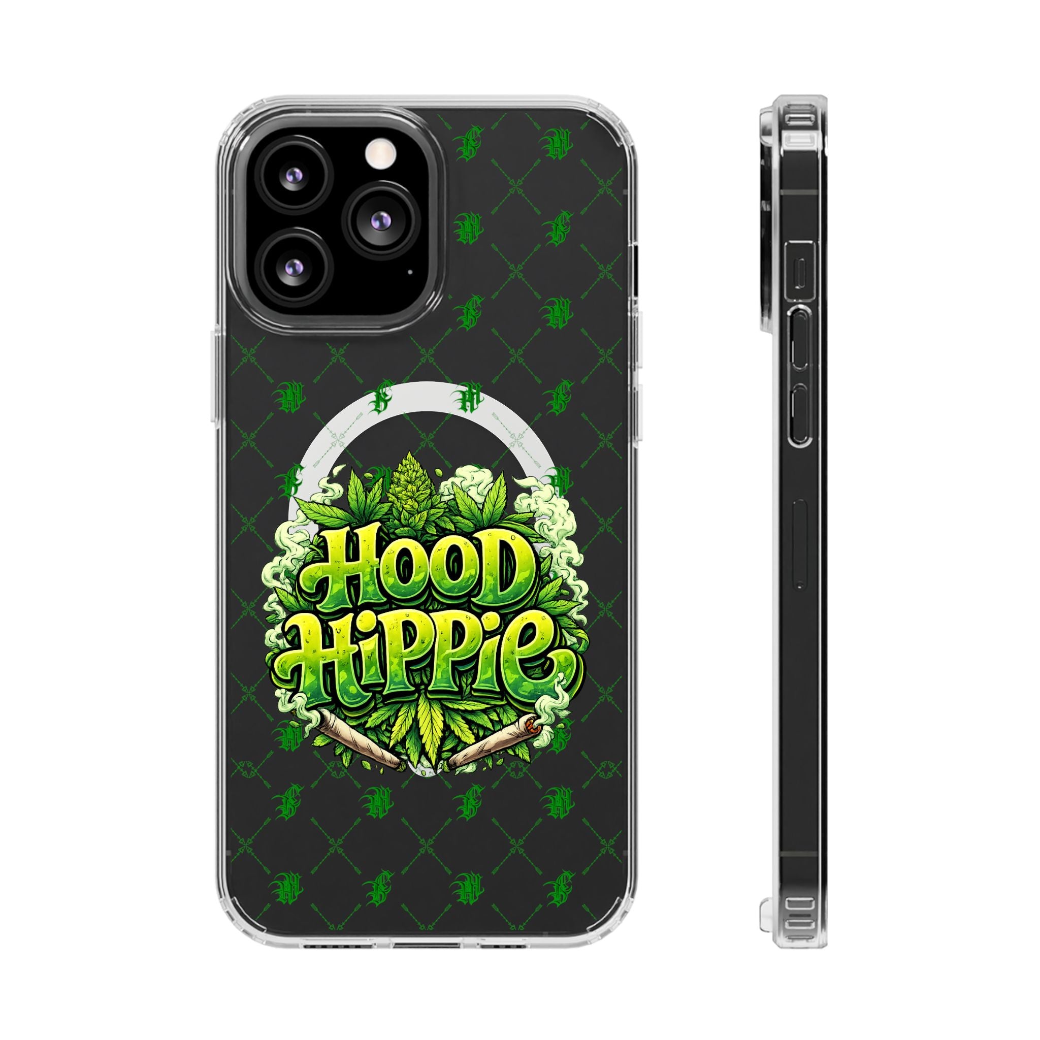 Clear Magnetic Phone Case — 'Hood Hippie' Green Cannabis Graphic