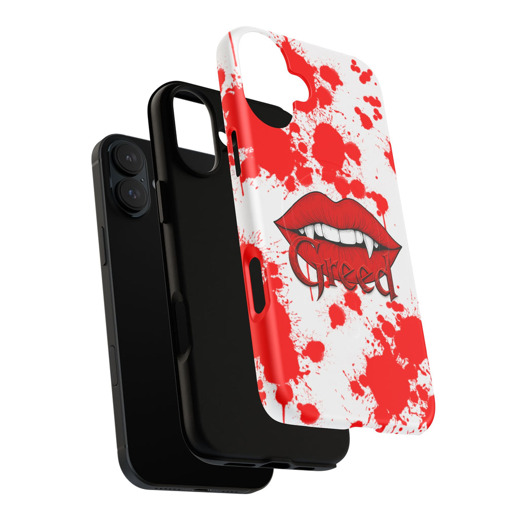Phone Case — Bold Red Lip Graphic with 'Greed' Text, Blood-Splatter Protective Magnetic Case