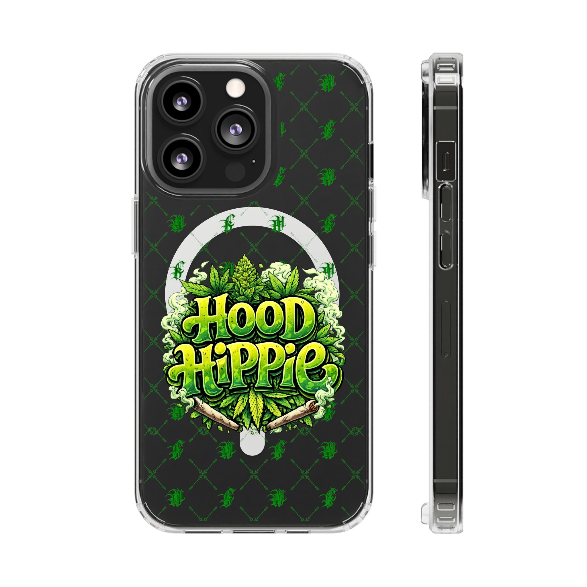 Clear Magnetic Phone Case — 'Hood Hippie' Green Cannabis Graphic