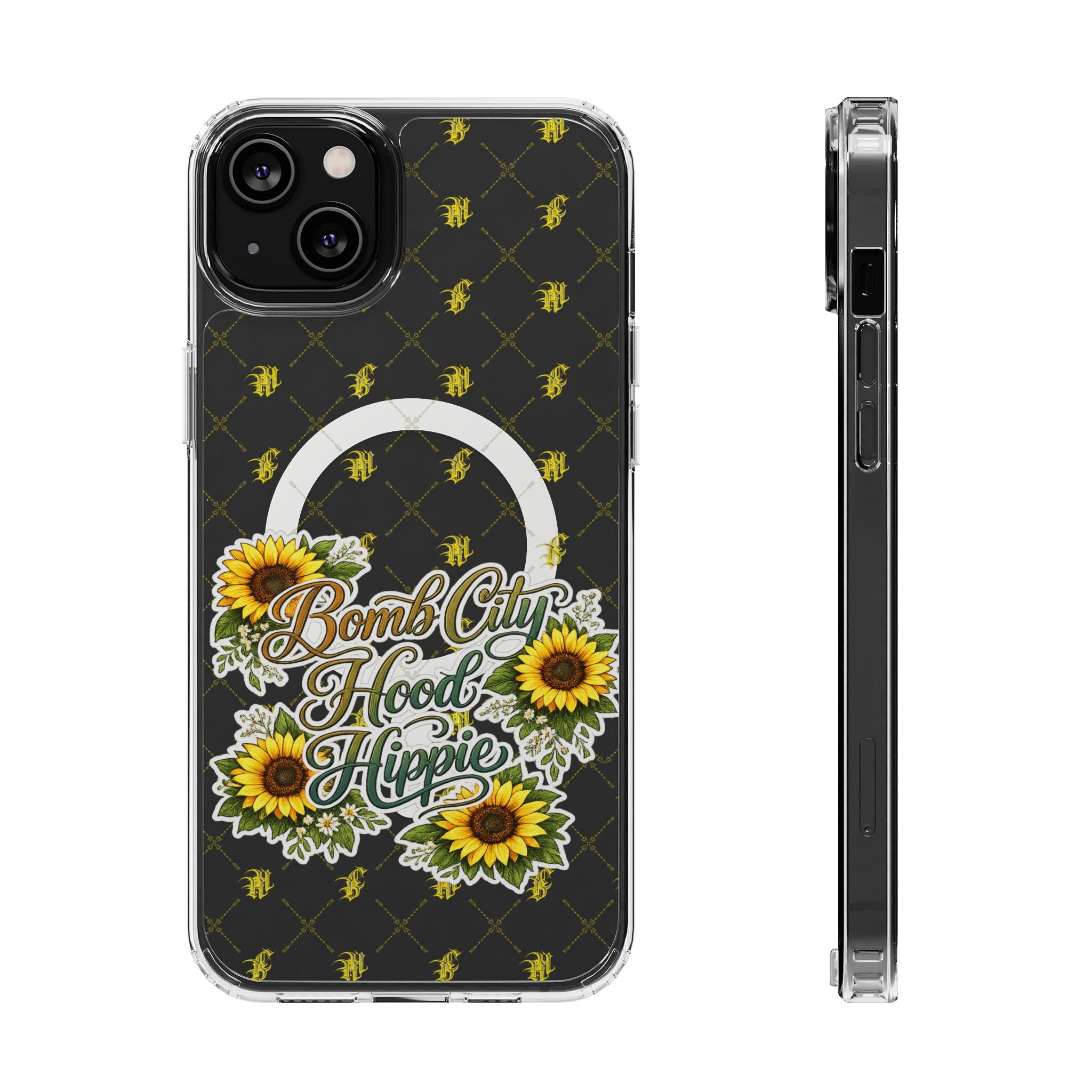 Clear Magnetic Phone Case — Sunflower “Bomb City Hood Hippie” Design
