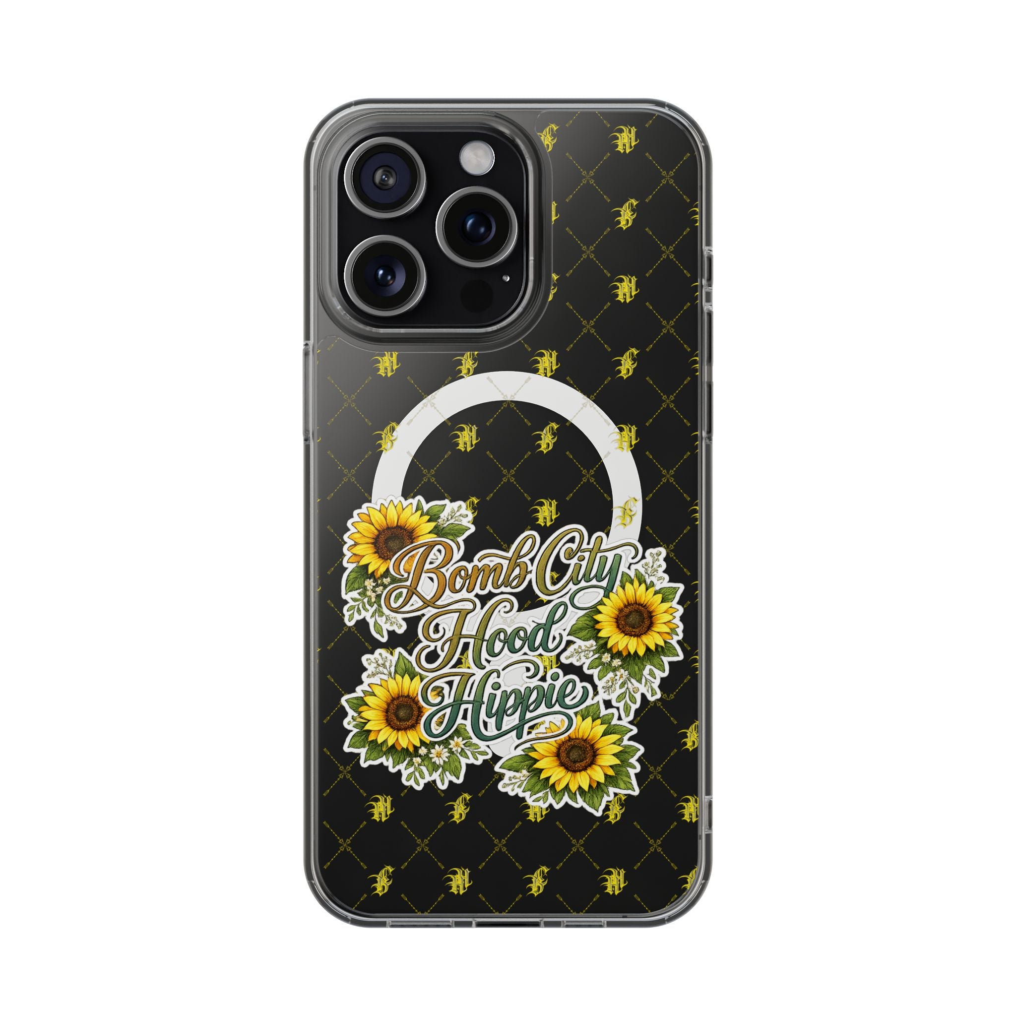 Clear Magnetic Phone Case — Sunflower “Bomb City Hood Hippie” Design