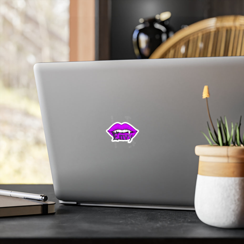 Envy Vampire Lips Kiss-Cut Vinyl Sticker — Purple Fang Decal for Laptops, Water Bottles & Windows