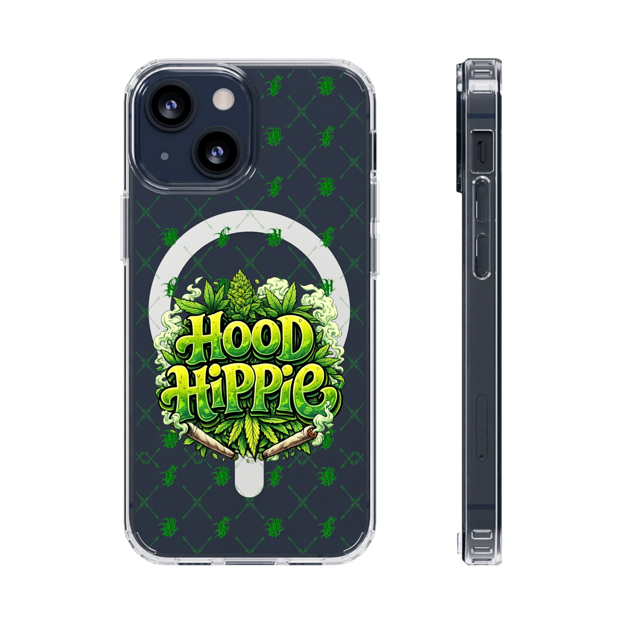 Clear Magnetic Phone Case — 'Hood Hippie' Green Cannabis Graphic