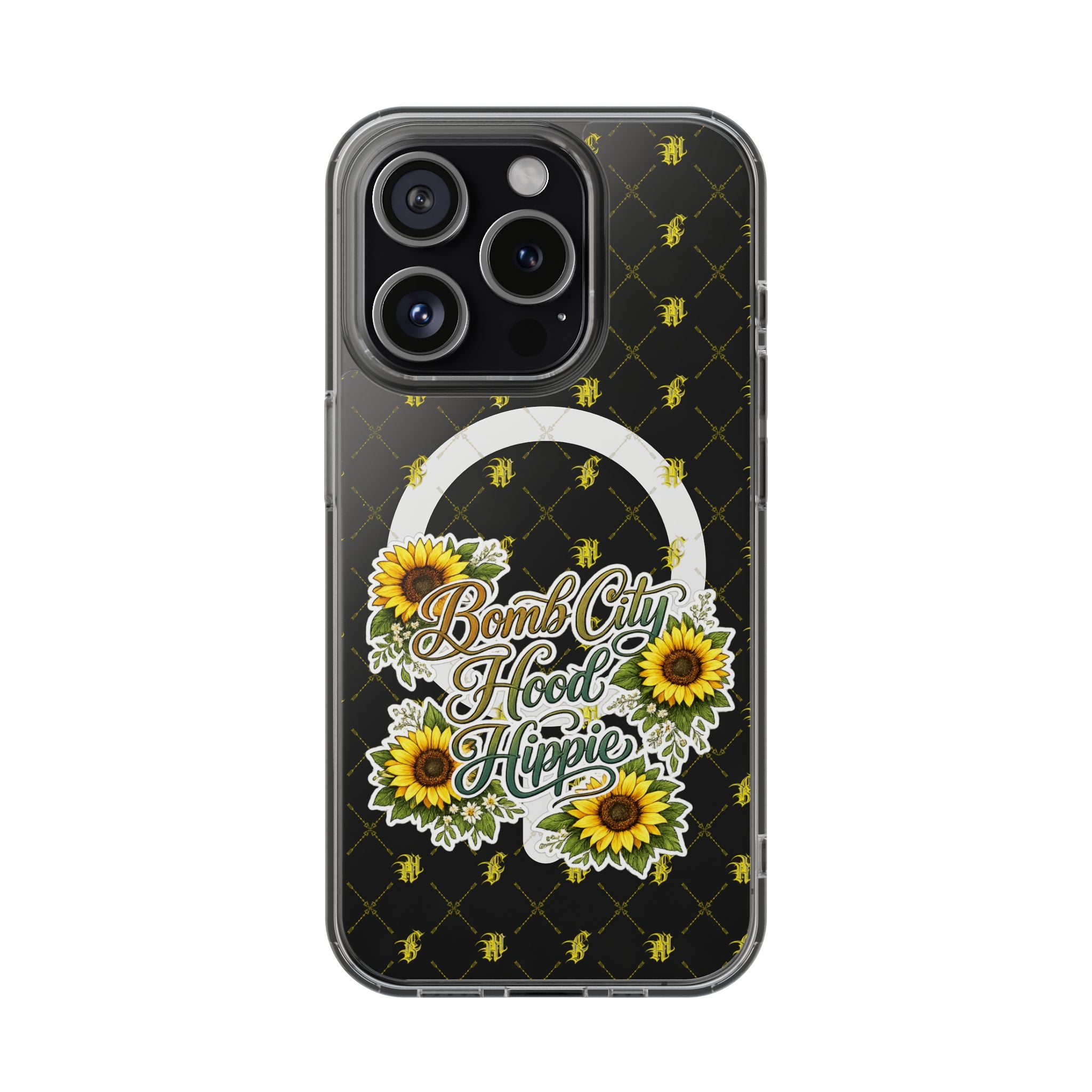Clear Magnetic Phone Case — Sunflower “Bomb City Hood Hippie” Design