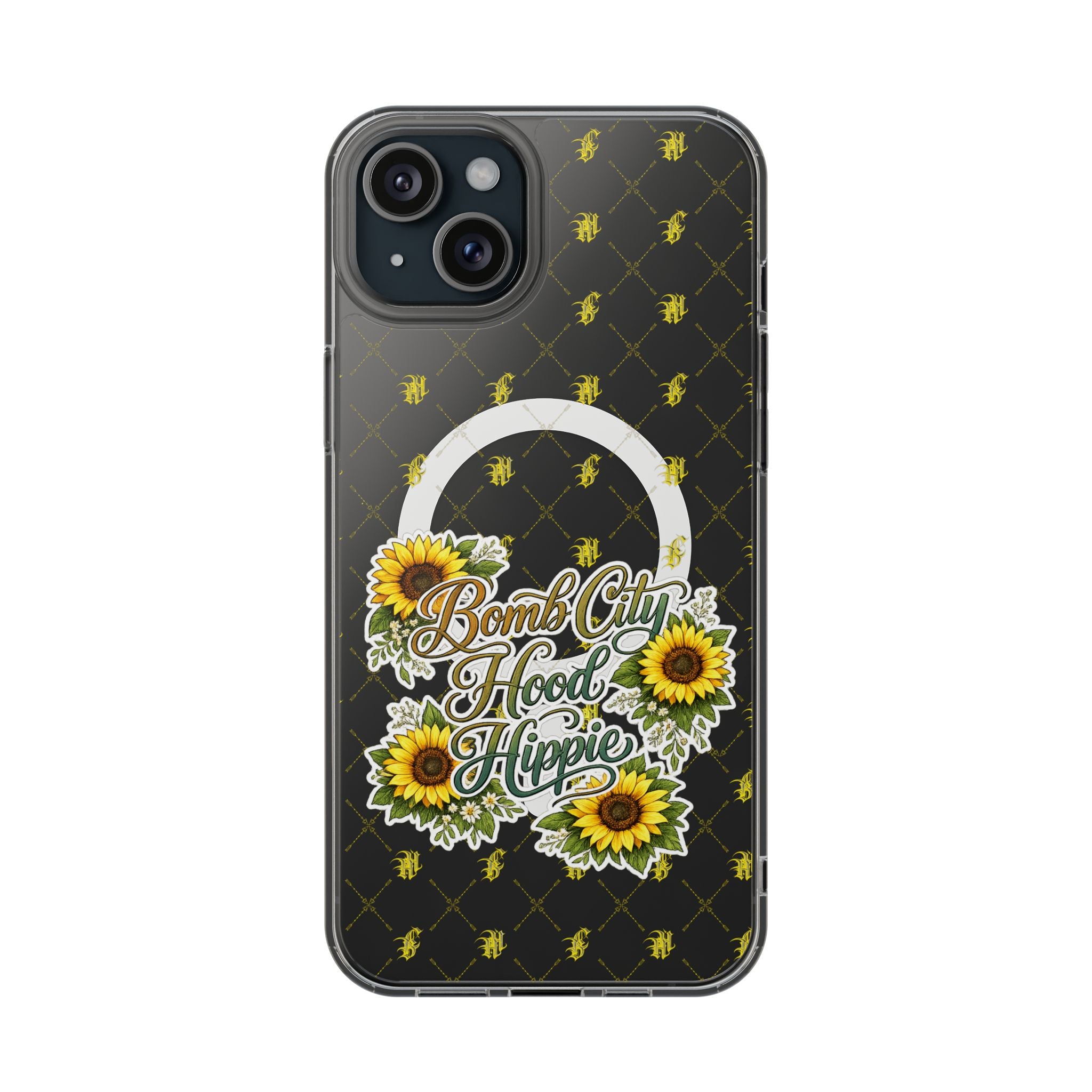 Clear Magnetic Phone Case — Sunflower “Bomb City Hood Hippie” Design