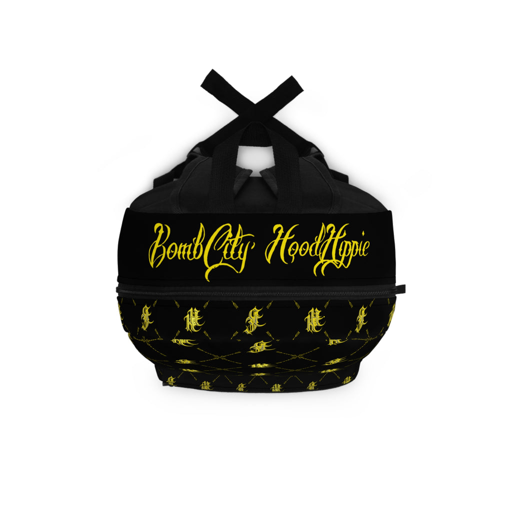 Bomb City Hood Hippie Sunflower Pattern Backpack (Black & Gold)
