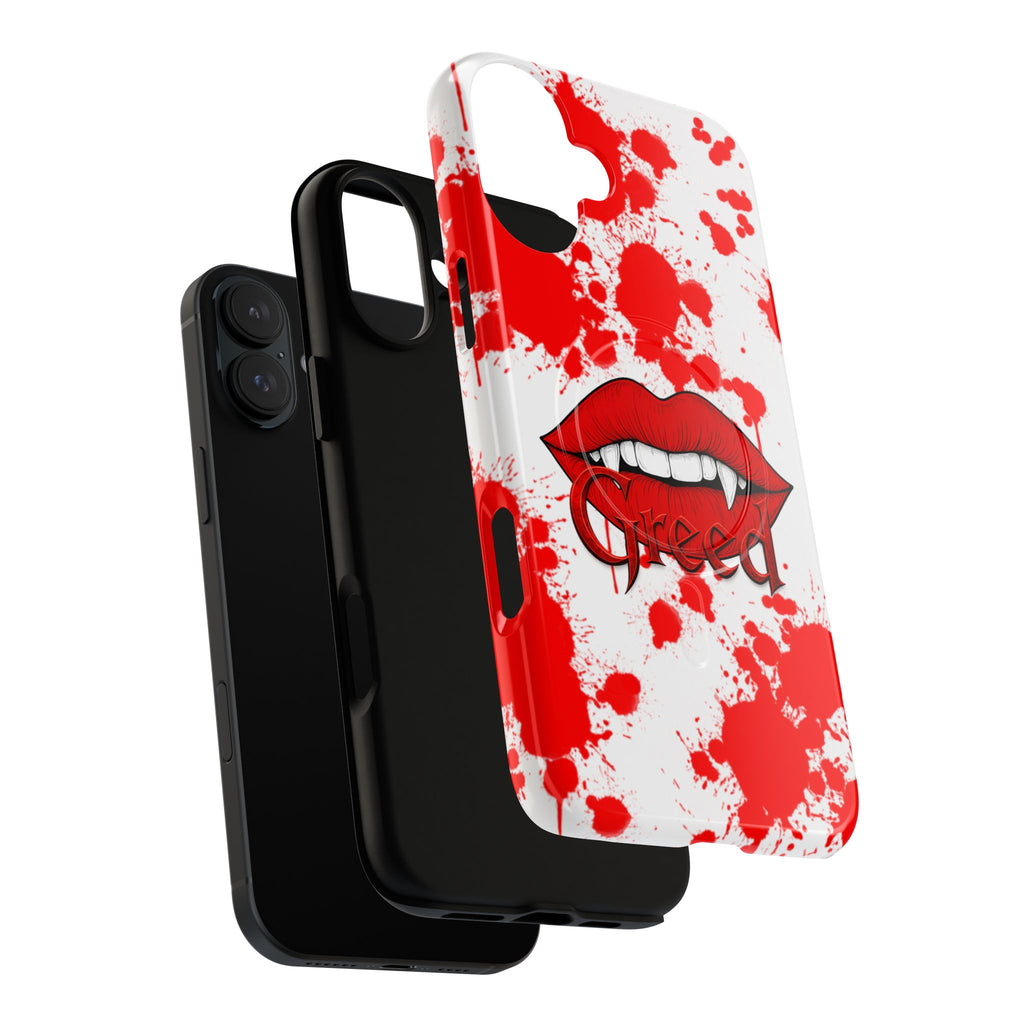 Phone Case — Bold Red Lip Graphic with 'Greed' Text, Blood-Splatter Protective Magnetic Case