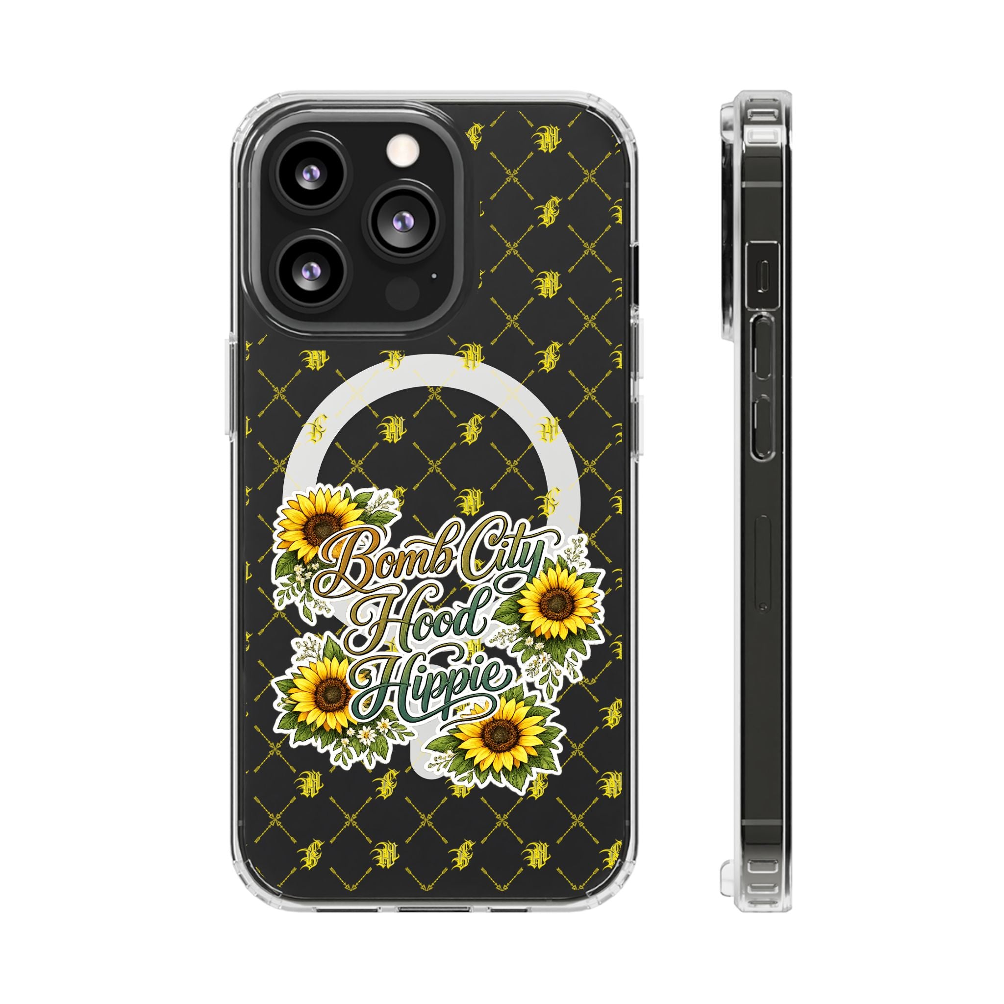 Clear Magnetic Phone Case — Sunflower “Bomb City Hood Hippie” Design