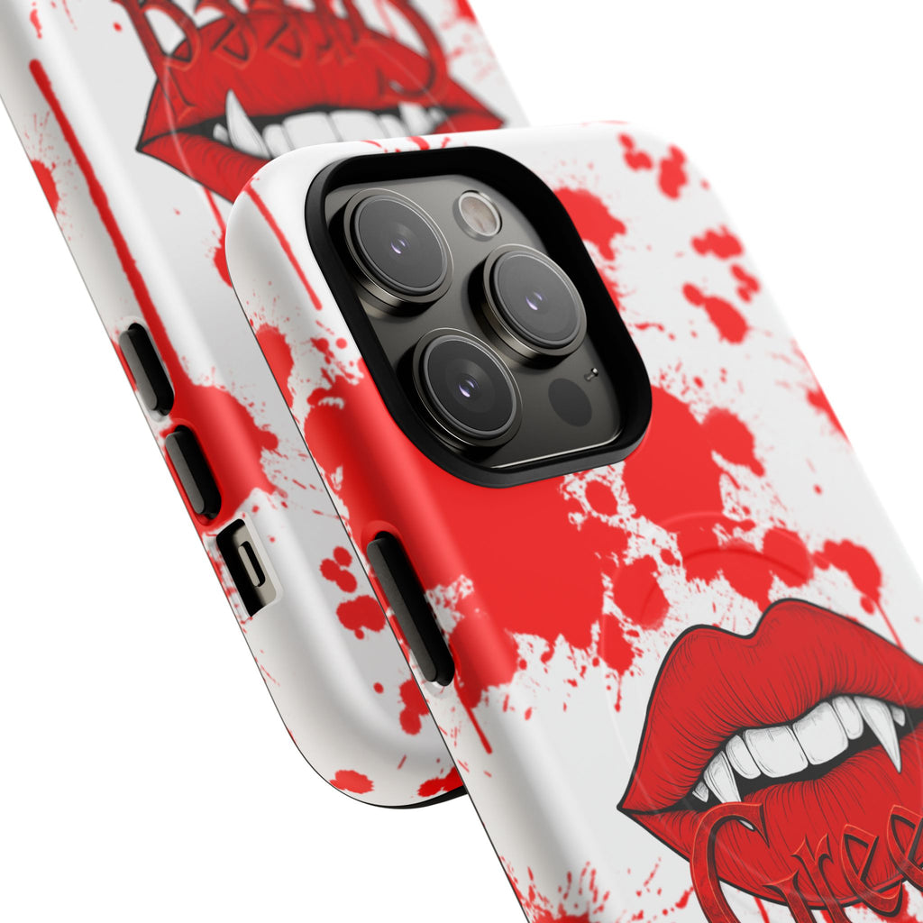 Phone Case — Bold Red Lip Graphic with 'Greed' Text, Blood-Splatter Protective Magnetic Case