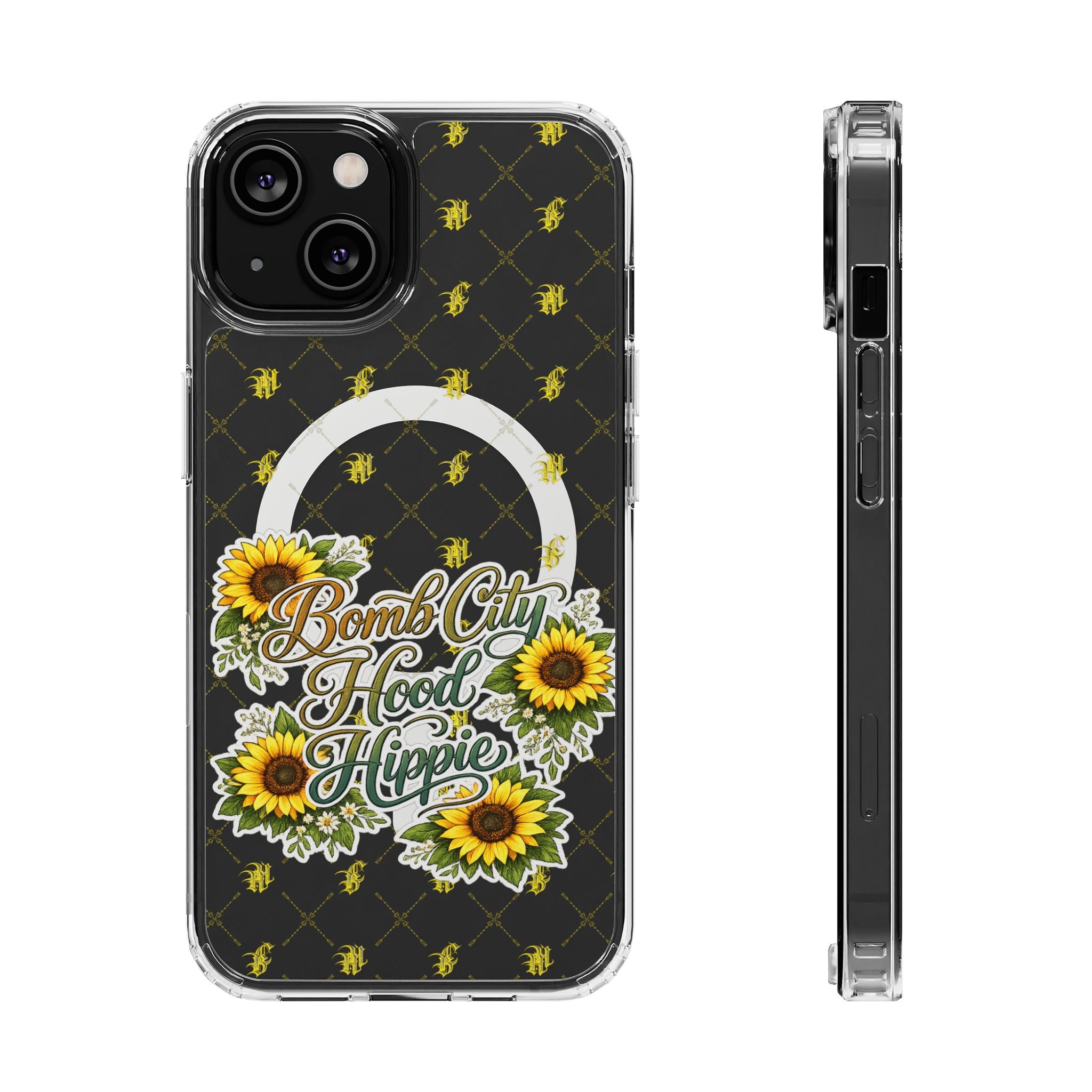 Clear Magnetic Phone Case — Sunflower “Bomb City Hood Hippie” Design
