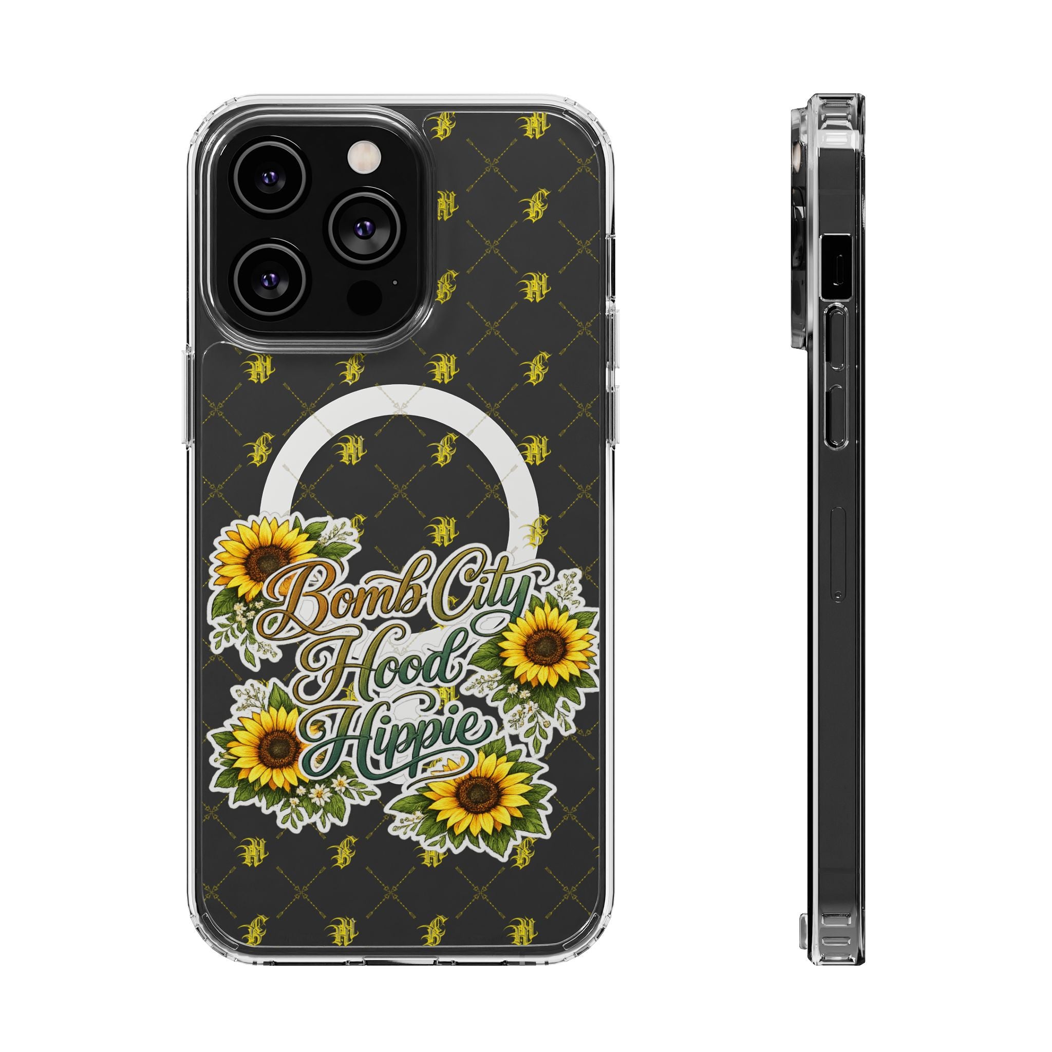 Clear Magnetic Phone Case — Sunflower “Bomb City Hood Hippie” Design