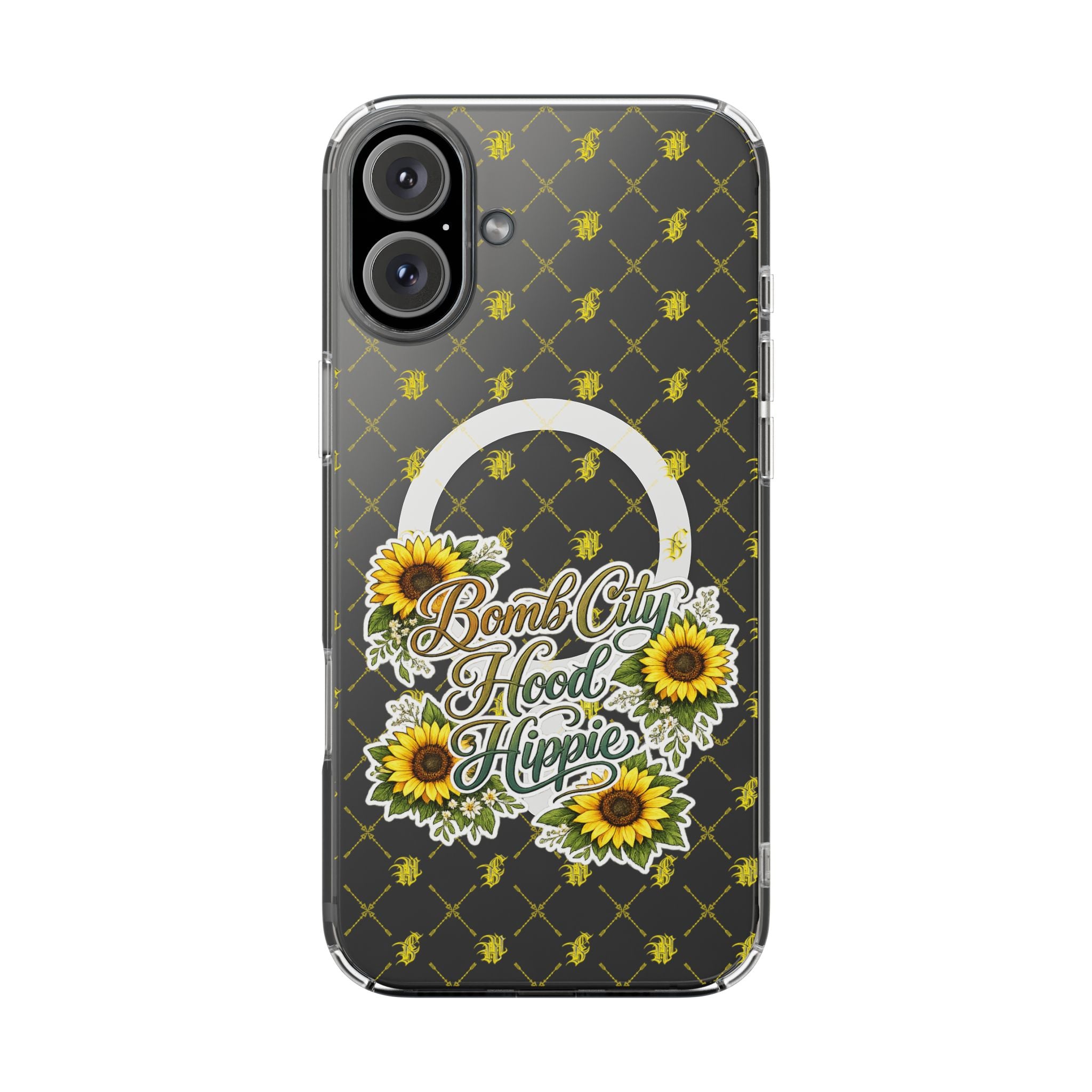 Clear Magnetic Phone Case — Sunflower “Bomb City Hood Hippie” Design
